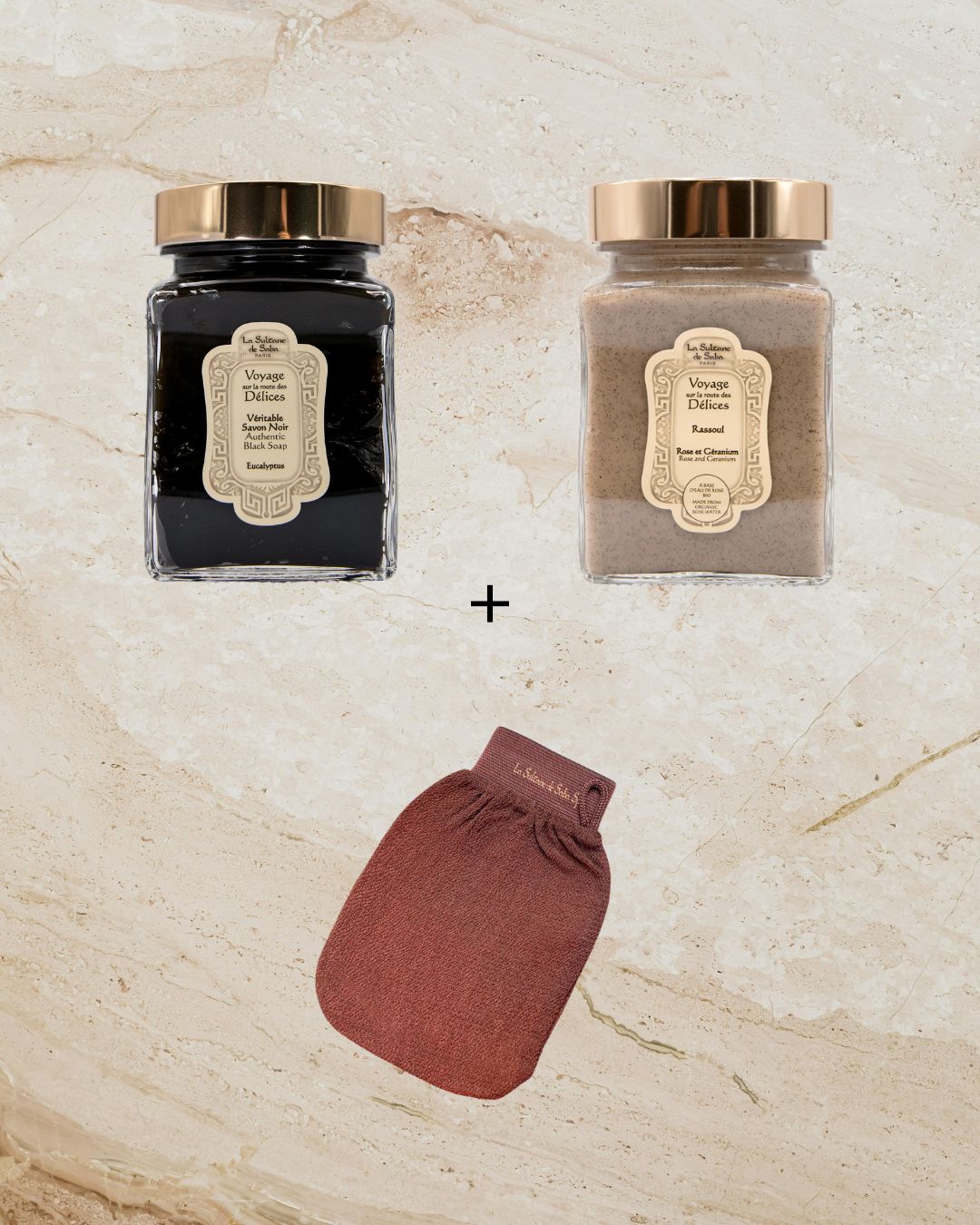 La Sultane De Saba-Hammam Essentials Set: Black Soap + Rassoul + Kessa Glove-1-fleurdirect.live