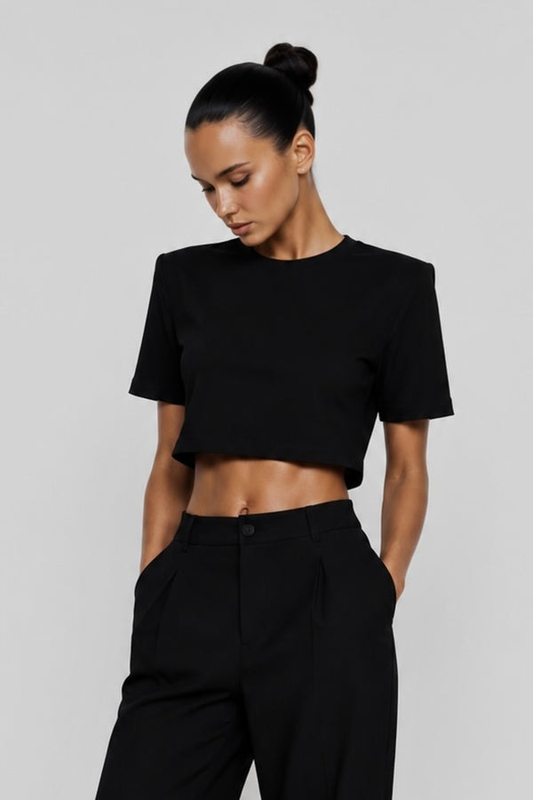 Basic Vatkalı Crop Tshirt Siyah