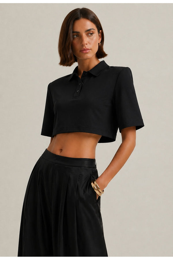 Polo Yaka Crop Tshirt Siyah