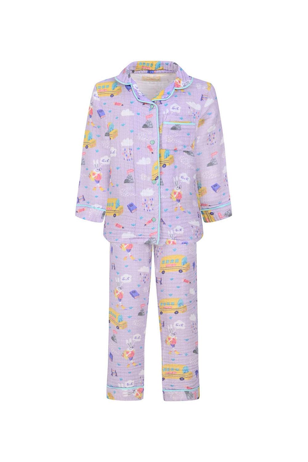Let's Be Friends-Organik Muslin Pijama Takımı - Lila Okul Desen-Pijama Takımı-1-fleurdirect.live