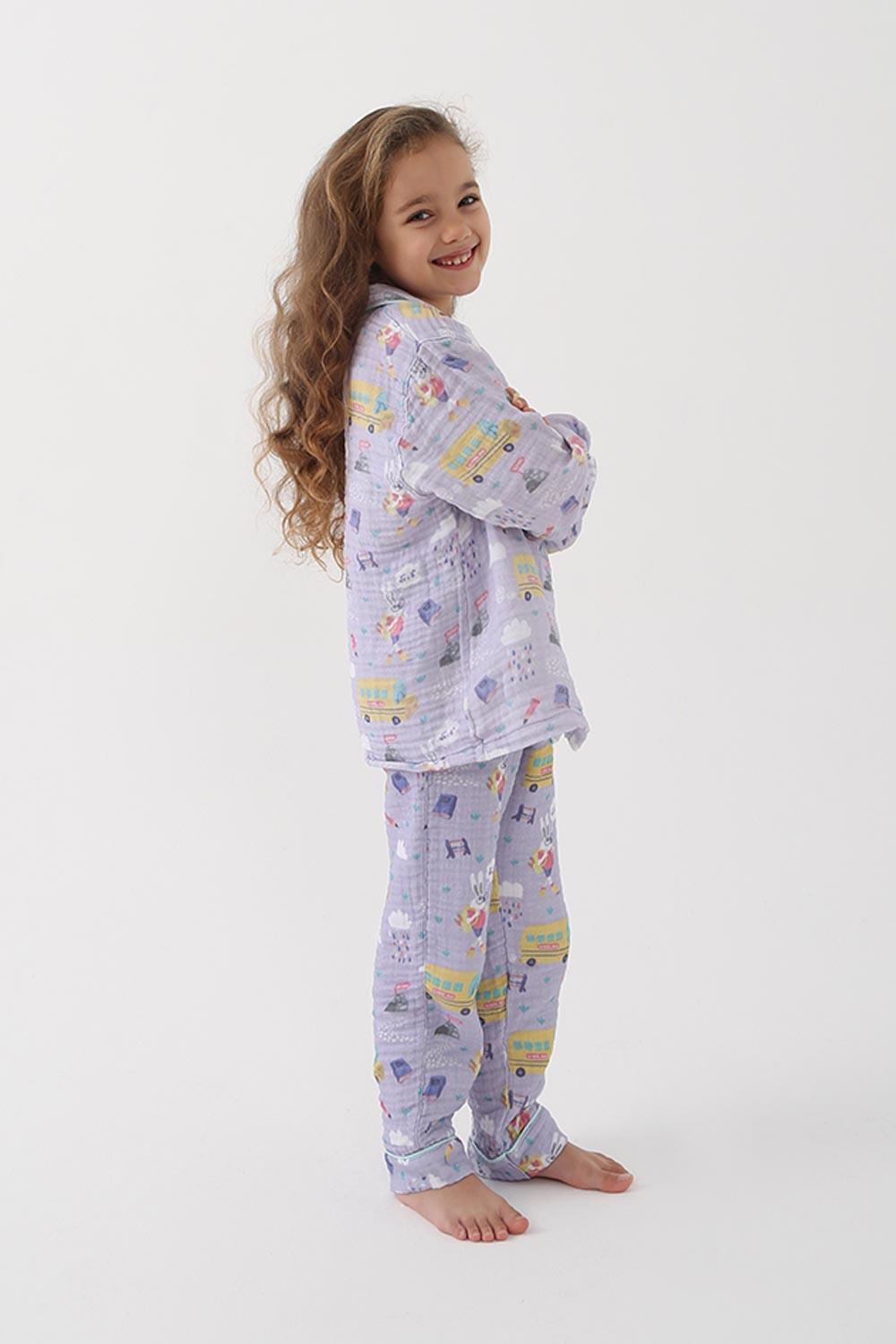 Let's Be Friends-Organik Muslin Pijama Takımı - Lila Okul Desen-Pijama Takımı-2-fleurdirect.live