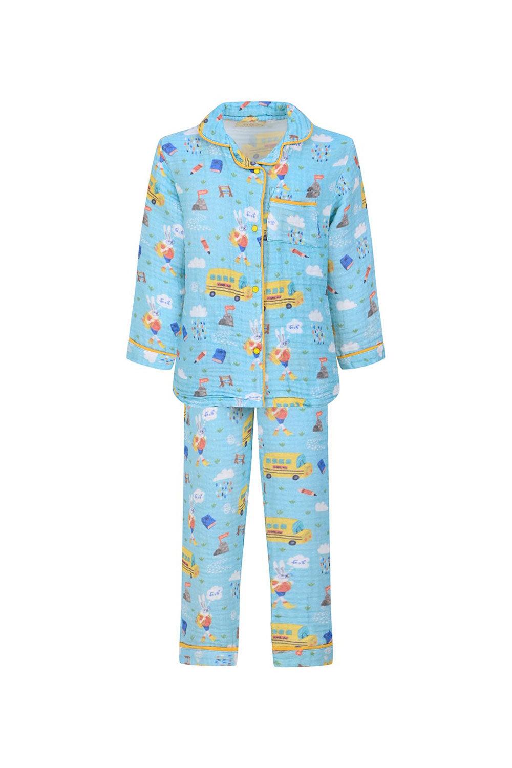 Let's Be Friends-Organik Muslin Pijama Takımı - Mavi Okul Desen-Pijama Takımı-1-fleurdirect.live