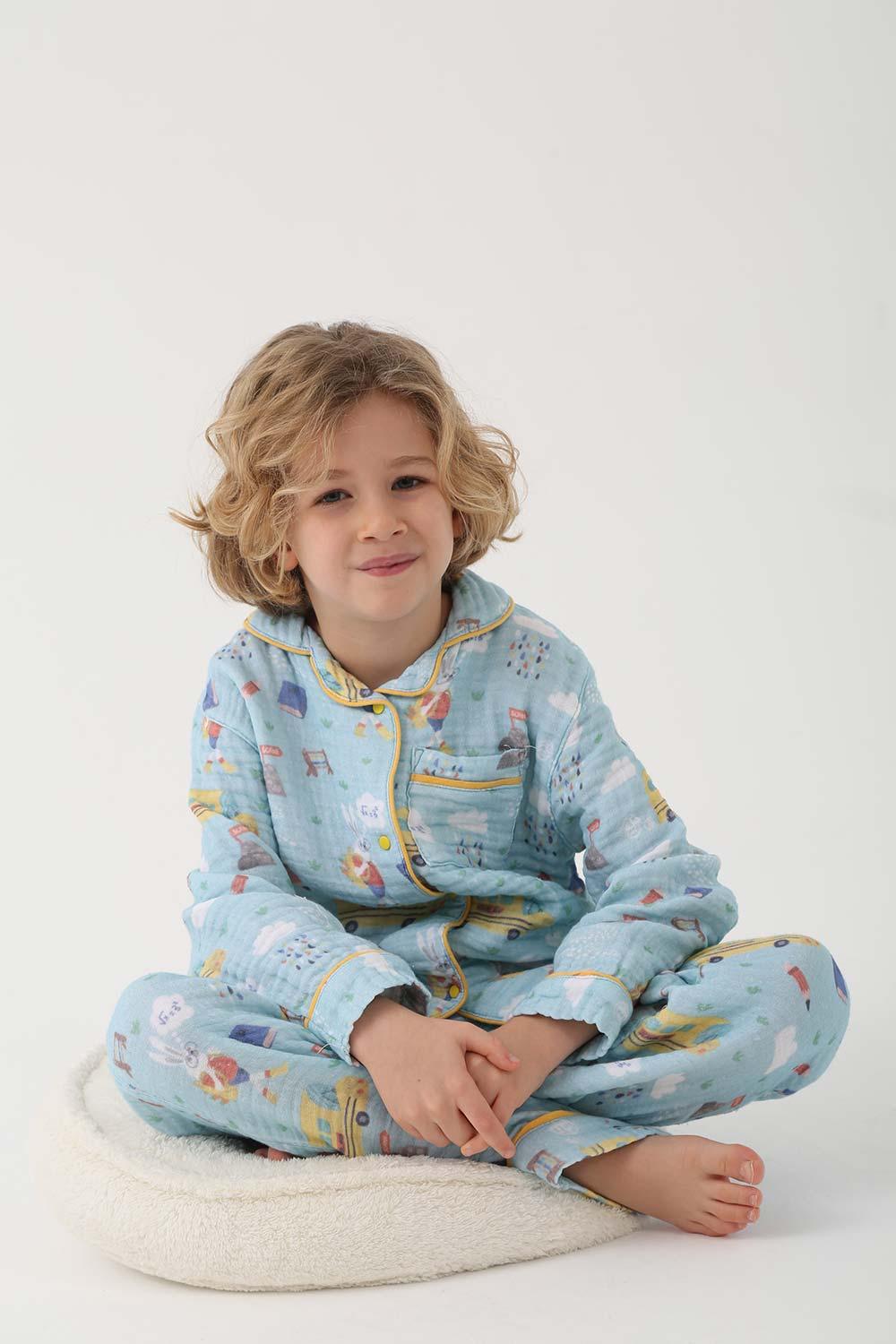 Let's Be Friends-Organik Muslin Pijama Takımı - Mavi Okul Desen-Pijama Takımı-3-fleurdirect.live