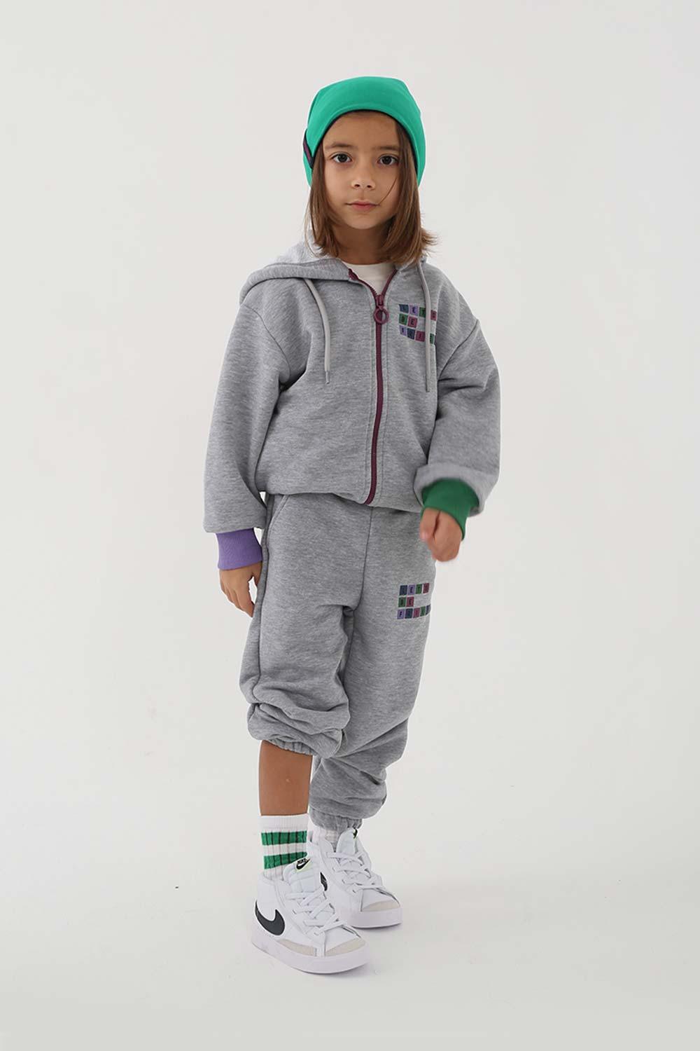 Let's Be Friends-Zipli Hoodie Takım 2 Parça - Gri Melanj-Alt - Üst Takım-1-fleurdirect.live