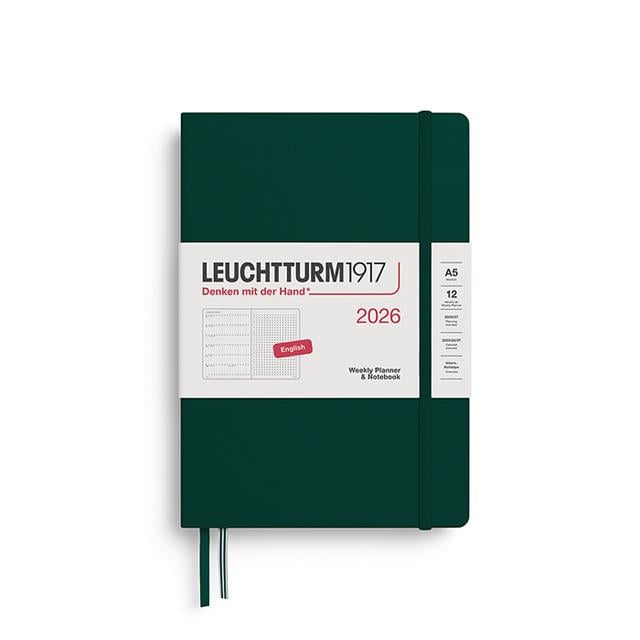 Leuchtturm 1917-Leuchtturm1917 Orta Boy (A5) 12 Aylık Ajanda Ve Not Defteri (Noktalı) 2026 Sert Kapak, İngilizce, Forest Green372704-Özel Defterler-1-fleurdirect.live