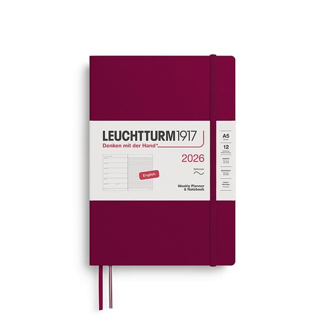 Leuchtturm 1917-Leuchtturm1917 Orta Boy (A5) 12 Aylık Ajanda Ve Not Defteri (çizgili) 2026 Yumuşak Kapak, İngilizce, Port Red372674-Özel Defterler-1-fleurdirect.live