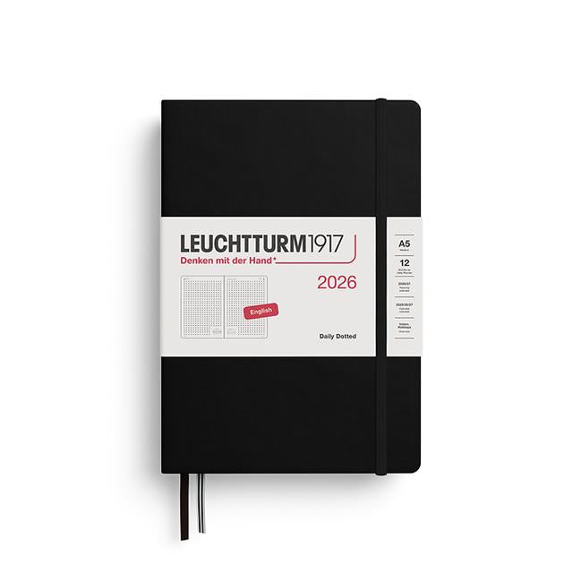 Leuchtturm 1917-Leuchtturm1917 Orta Boy (A5) 12 Aylık Günlük Ajanda (Noktalı) 2026 Sert Kapak, İngilizce, Siyah 372780-Özel Defterler-1-fleurdirect.live