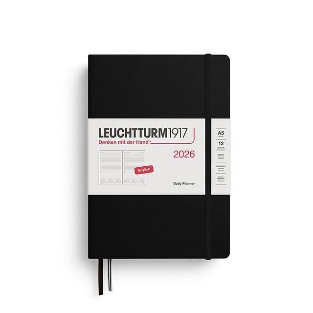 Leuchtturm 1917-Leuchtturm1917 Orta Boy (A5) 12 Aylık Günlük Ajanda (çizgili) 2026 Sert Kapak, İngilizce, Siyah 372772-Özel Defterler-1-fleurdirect.live