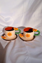 Lily & Loly Ceramics-Özel Çiçek Tasarımlı Çiçek Desenli Ayçiçek Kulplu El Yapımı Seramik Türk Kahvesi Fincan Seti - 2'li-Bardak-3-fleurdirect.live