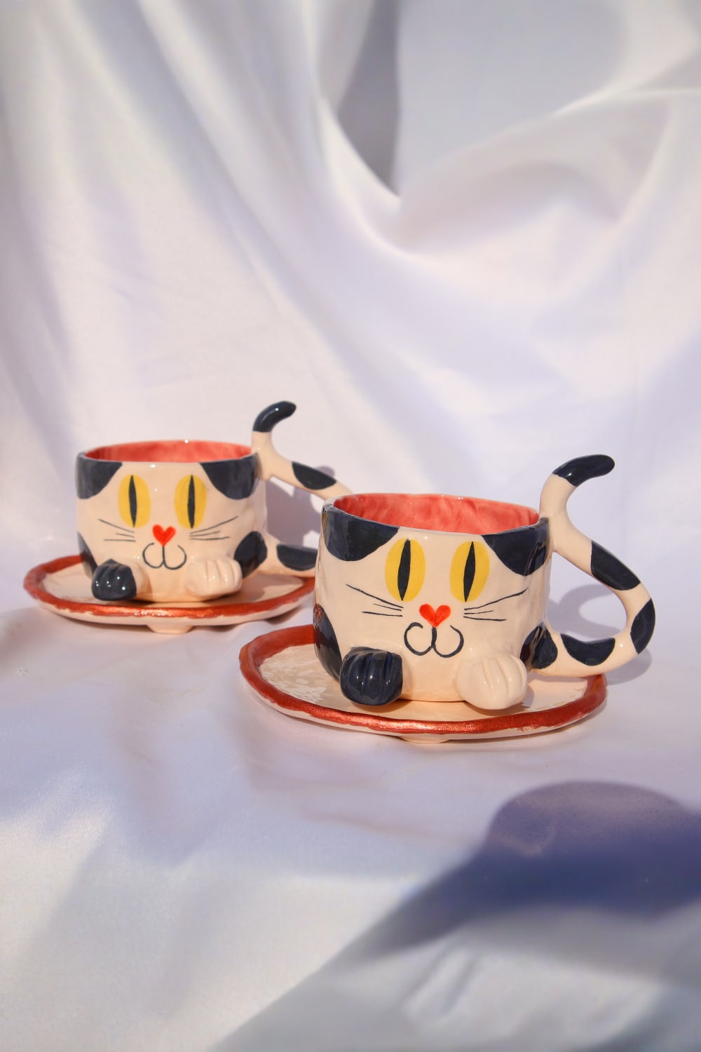 Lily & Loly Ceramics-Siyah Beyaz Renkli Kedi Desenli Kedili Türk Kahvesi Seti - El Yapımı Seramik Fincan Seti (2 Li)-Bardak-1-fleurdirect.live