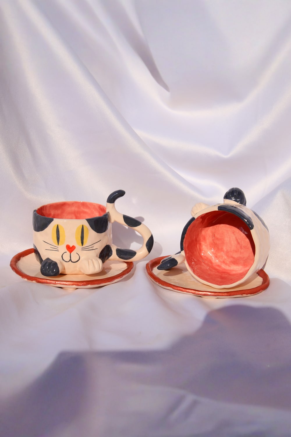 Lily & Loly Ceramics-Siyah Beyaz Renkli Kedi Desenli Kedili Türk Kahvesi Seti - El Yapımı Seramik Fincan Seti (2 Li)-Bardak-3-fleurdirect.live