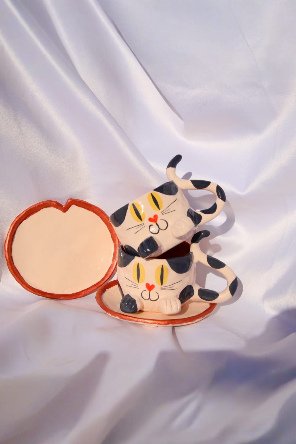 Lily & Loly Ceramics-Siyah Beyaz Renkli Kedi Desenli Kedili Türk Kahvesi Seti - El Yapımı Seramik Fincan Seti (2 Li)-Bardak-5-fleurdirect.live