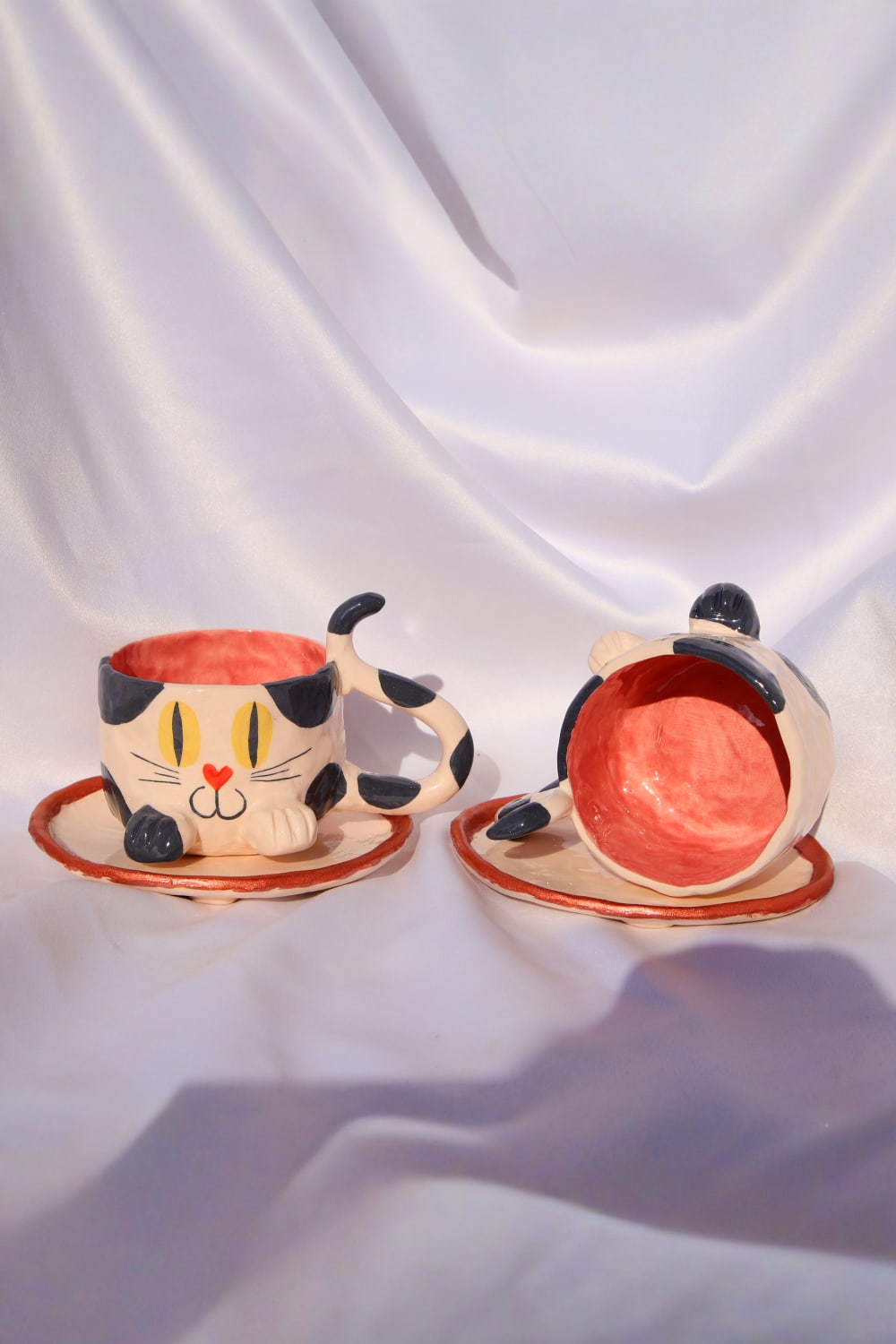 Lily & Loly Ceramics-Siyah Beyaz Renkli Kedi Desenli Kedili Türk Kahvesi Seti - El Yapımı Seramik Fincan Seti (2 Li)-Bardak-7-fleurdirect.live