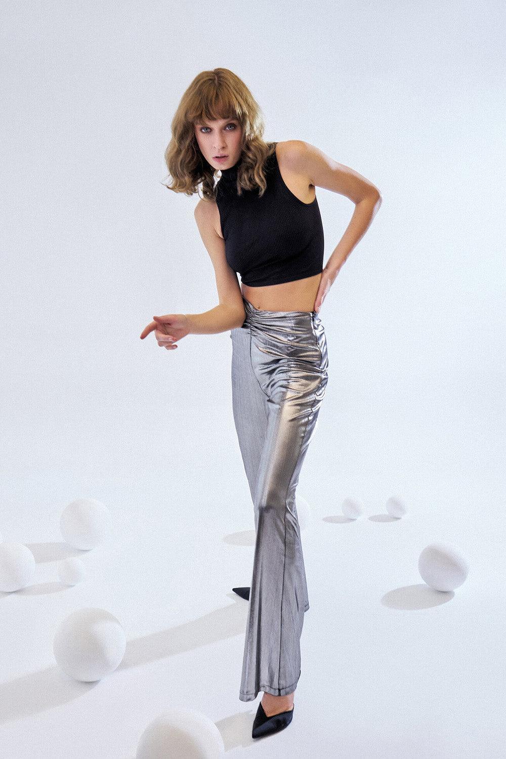 Maeve-Loose Fit Metallic Pants-Kot Pantolon-1-fleurdirect.live