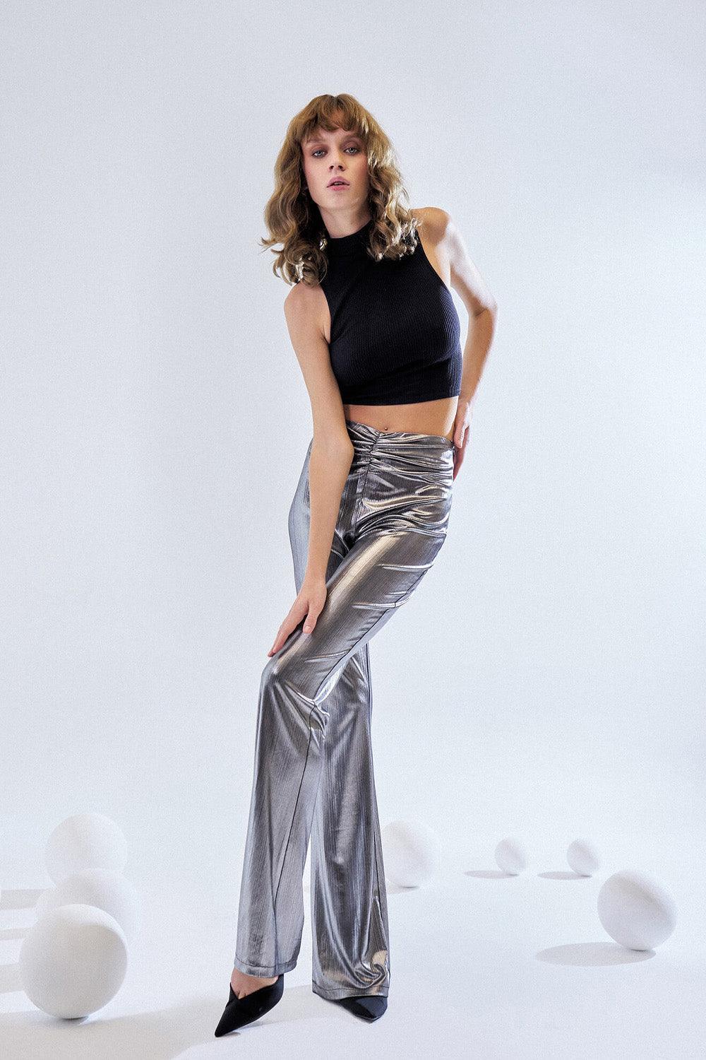 Maeve-Loose Fit Metallic Pants-Kot Pantolon-5-fleurdirect.live