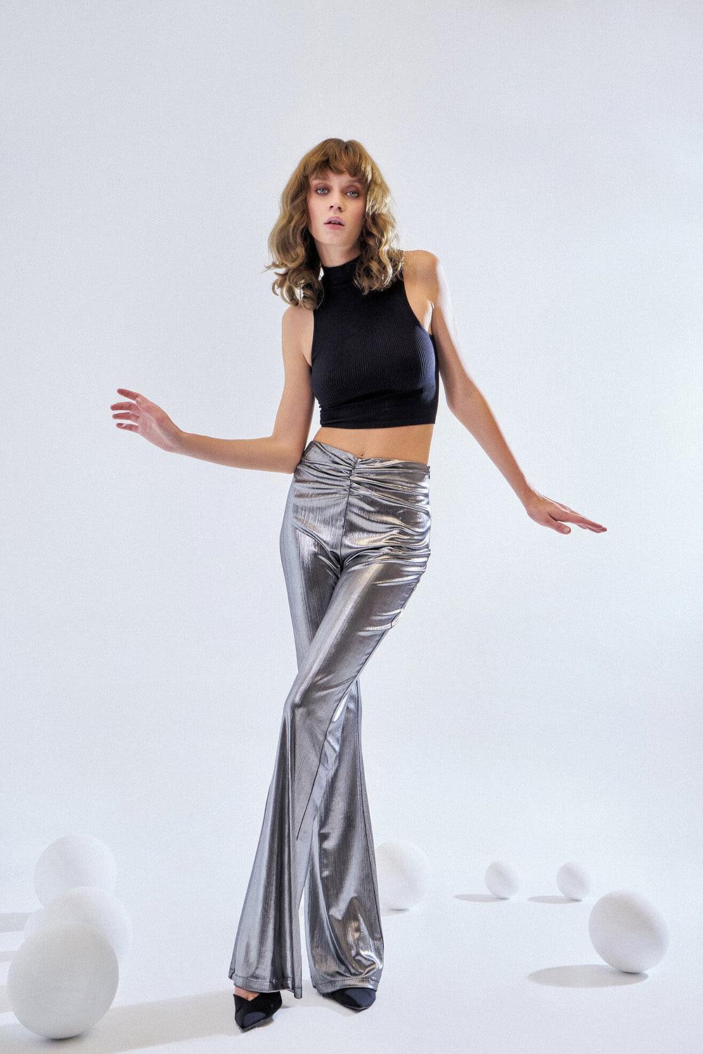 Maeve-Loose Fit Metallic Pants-Kot Pantolon-6-fleurdirect.live