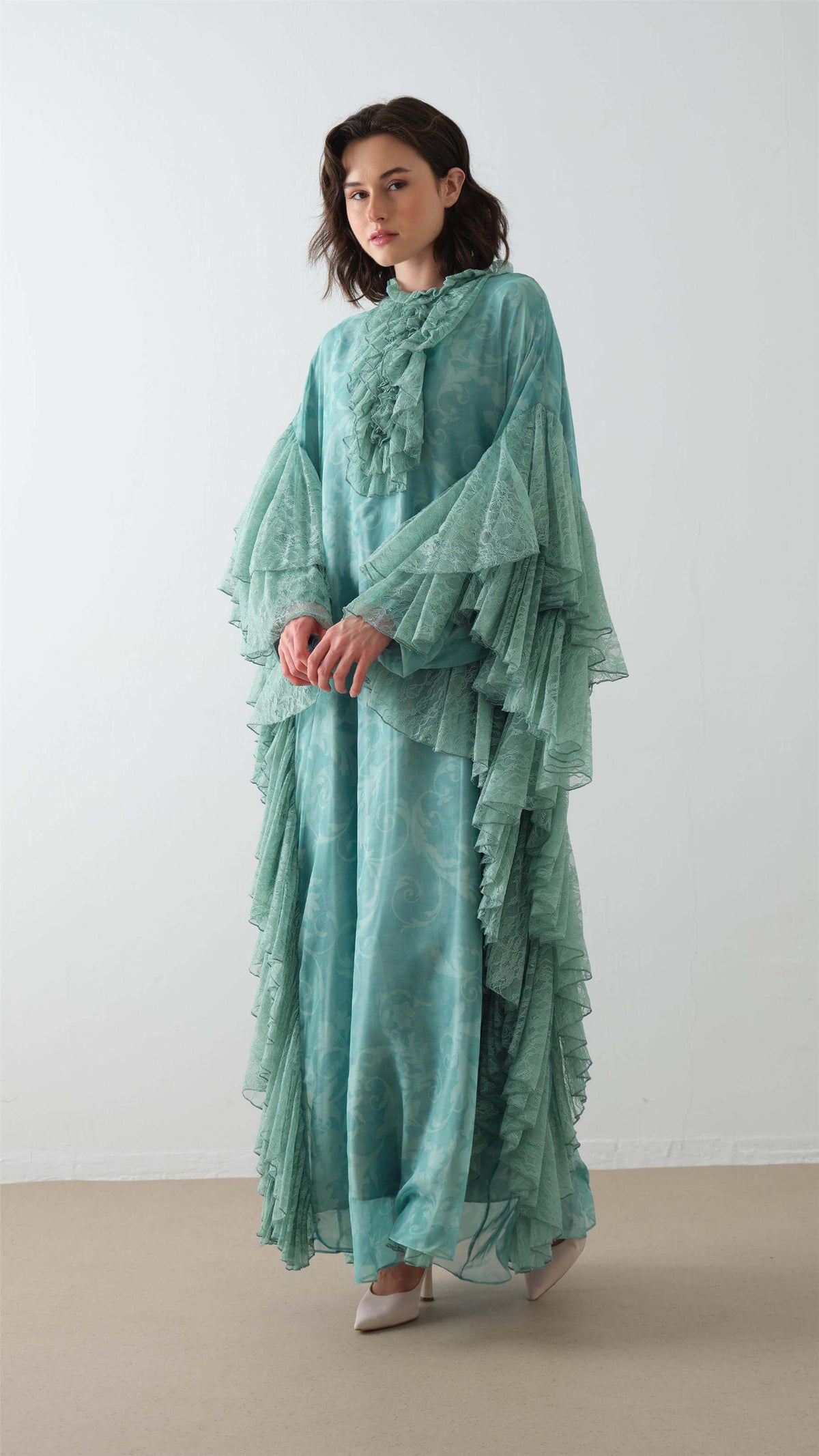 Miha-Kollari Dantel Firfirli Kaftan Elbi̇se Mint-3-fleurdirect.live