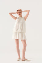 Yakasi İŞlemeli MiNi ŞiFon ElbiSe Ekru