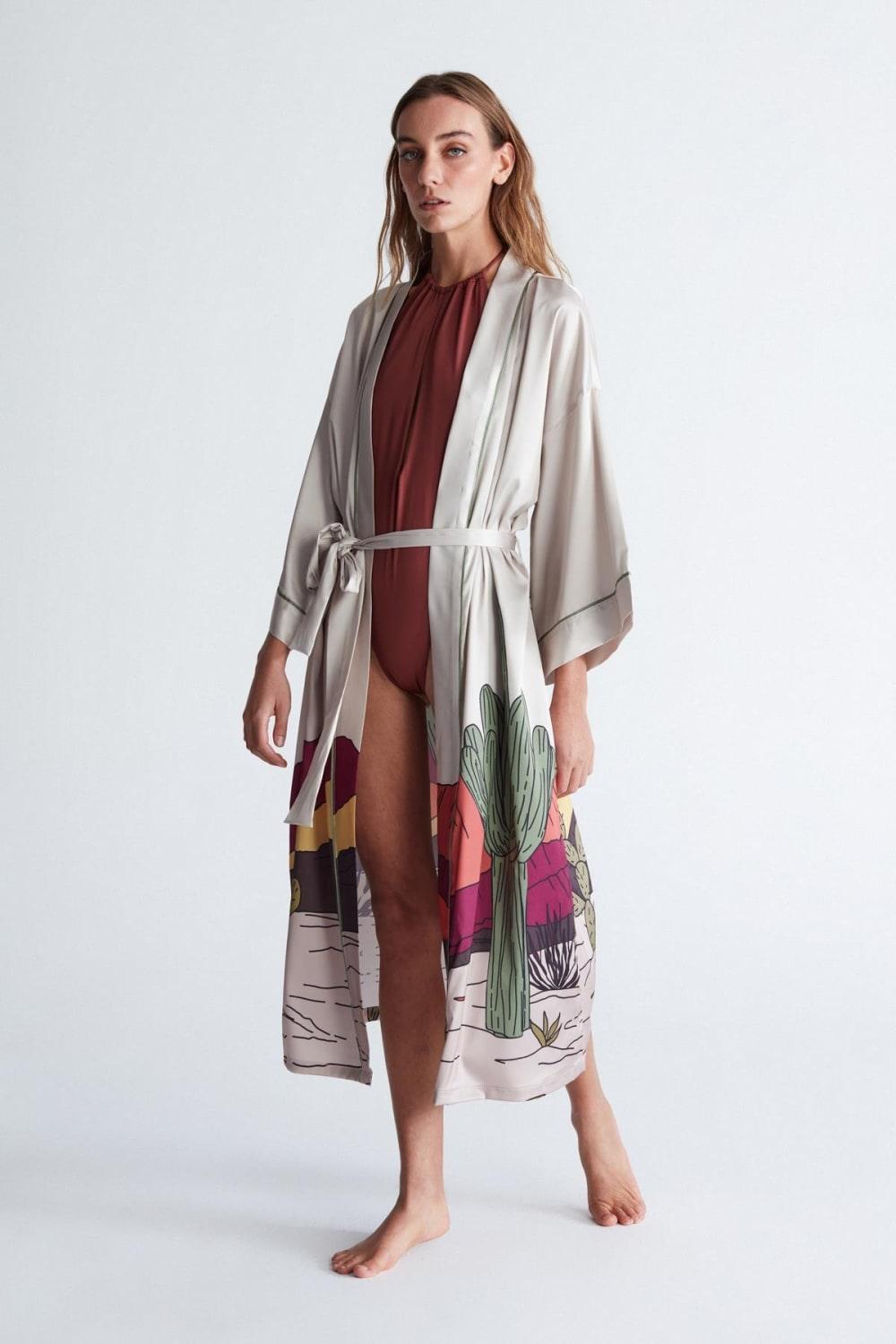 Peraluna-Cactus Ki̇mono 122 Cm Kaktus Desen Midi Boy Kemerli Saten Kadın Kimono-Kimono-1-fleurdirect.live