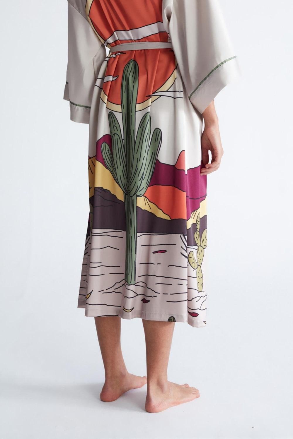 Peraluna-Cactus Ki̇mono 122 Cm Kaktus Desen Midi Boy Kemerli Saten Kadın Kimono-Kimono-5-fleurdirect.live