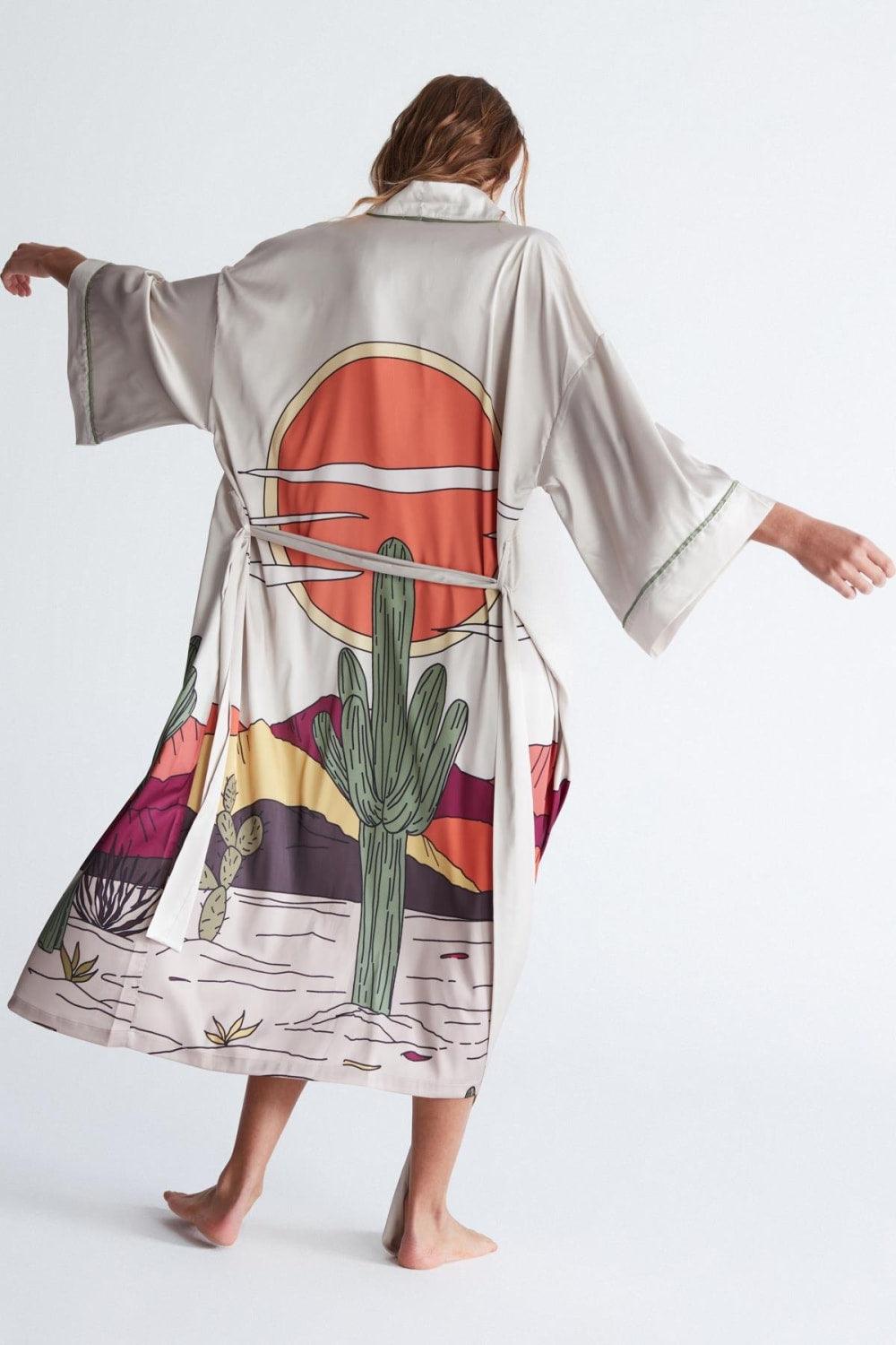 Peraluna-Cactus Ki̇mono 122 Cm Kaktus Desen Midi Boy Kemerli Saten Kadın Kimono-Kimono-6-fleurdirect.live