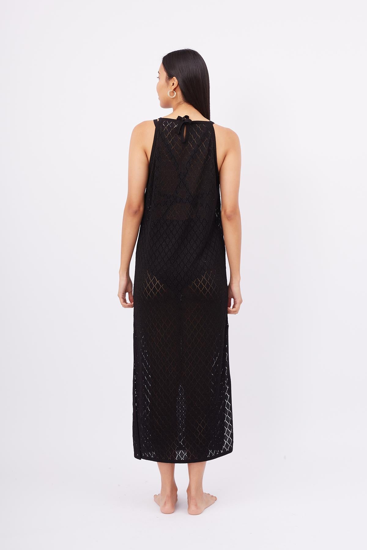 Peraluna-Evelien Dress Ajur Örgü Dar Kesim Halter Yaka Arkası Bağcıklı Uzun Kadın Triko Elbise-Elbise-8-fleurdirect.live