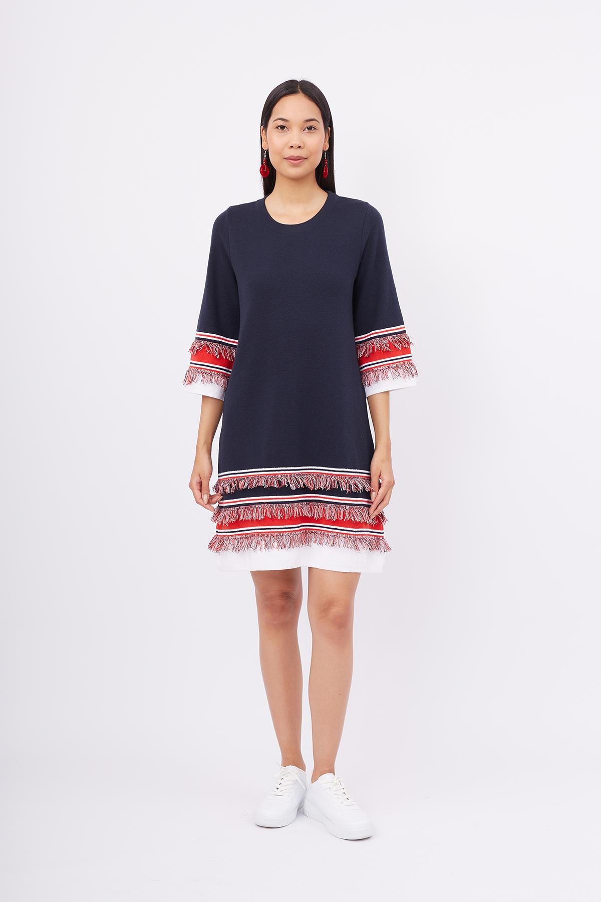 Peraluna-Hilda Dress Püskül Detaylı A Form 3/4 Kol Rahat Kadın Triko Elbise Lacivert-Elbise-1-fleurdirect.live