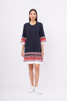 Peraluna-Hilda Dress Püskül Detaylı A Form 3/4 Kol Rahat Kadın Triko Elbise Lacivert-Elbise-1-fleurdirect.live