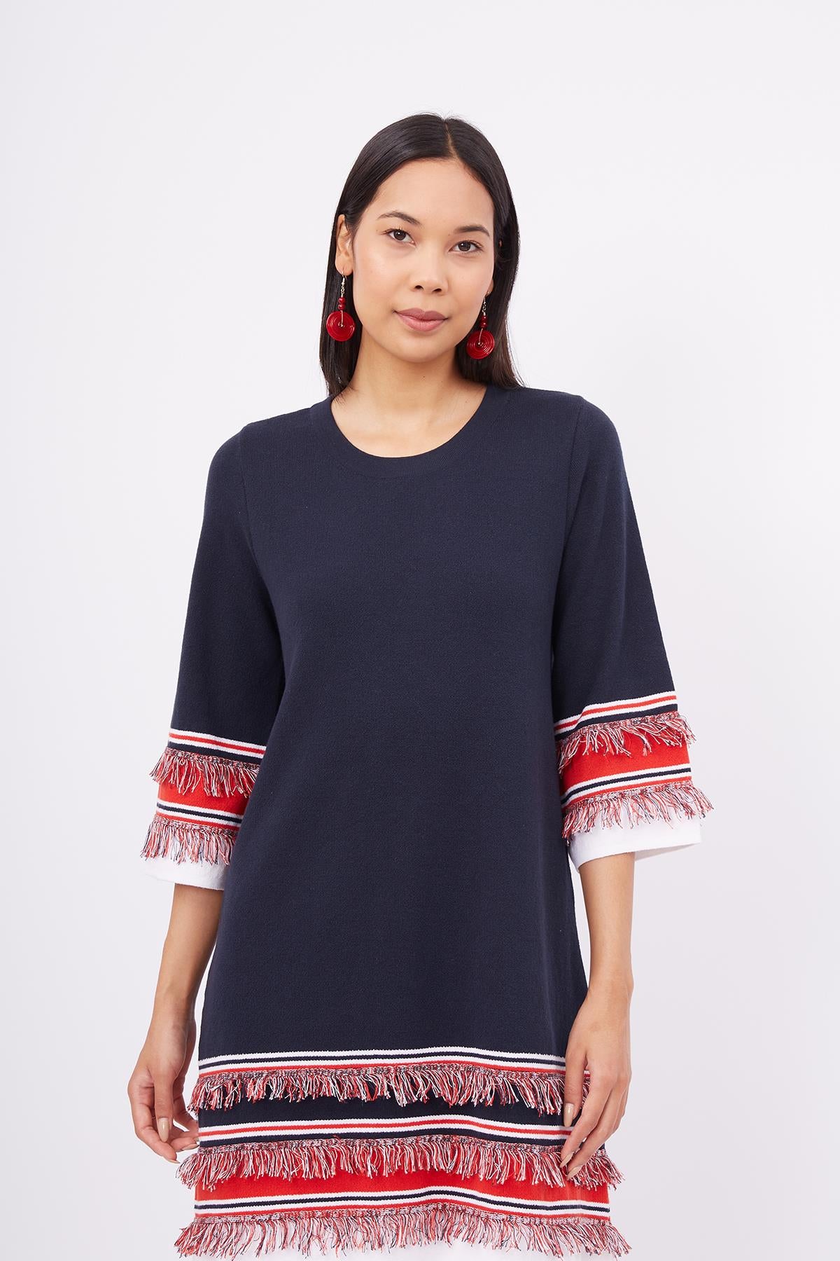 Peraluna-Hilda Dress Püskül Detaylı A Form 3/4 Kol Rahat Kadın Triko Elbise Lacivert-Elbise-2-fleurdirect.live