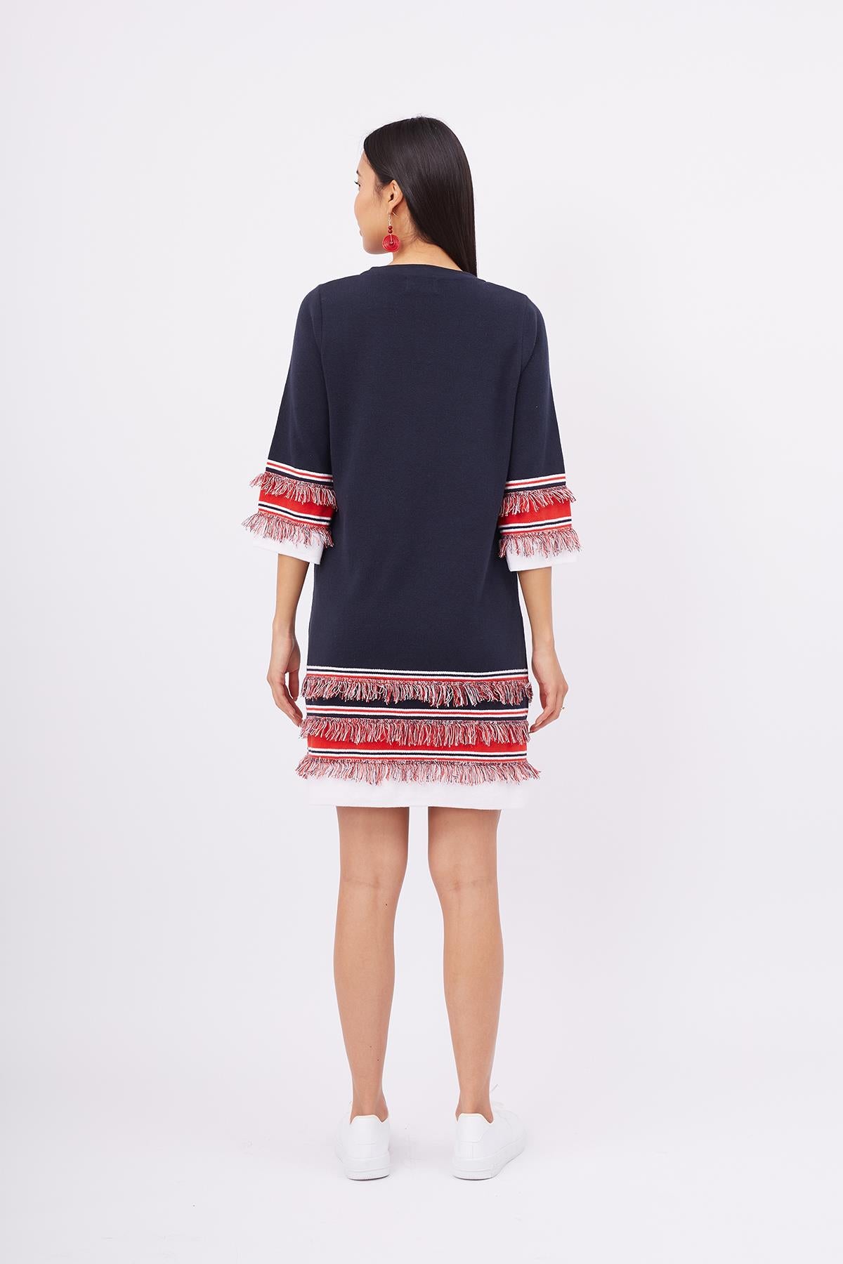 Peraluna-Hilda Dress Püskül Detaylı A Form 3/4 Kol Rahat Kadın Triko Elbise Lacivert-Elbise-8-fleurdirect.live