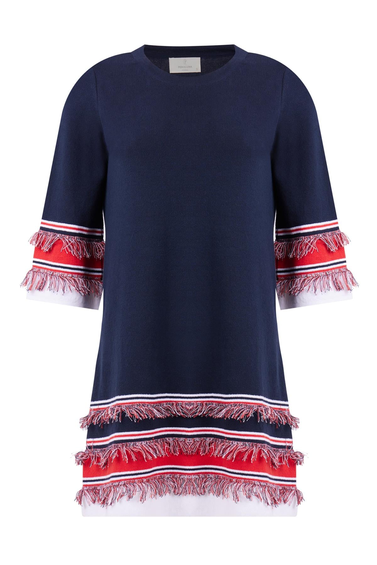 Peraluna-Hilda Dress Püskül Detaylı A Form 3/4 Kol Rahat Kadın Triko Elbise Lacivert-Elbise-9-fleurdirect.live