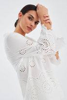 Peraluna-Hi̇romi̇ Blouse %100 Pamuk V Yaka 3/4 Çan Kol Yazlık Kadın Bluz -Bluz-4-fleurdirect.live
