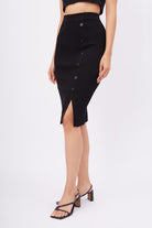 Peraluna-Jasmine Skirt Midi Boy Yandan Düğmeli Ribana Kadın Triko Etek Siyah-Etek-4-fleurdirect.live