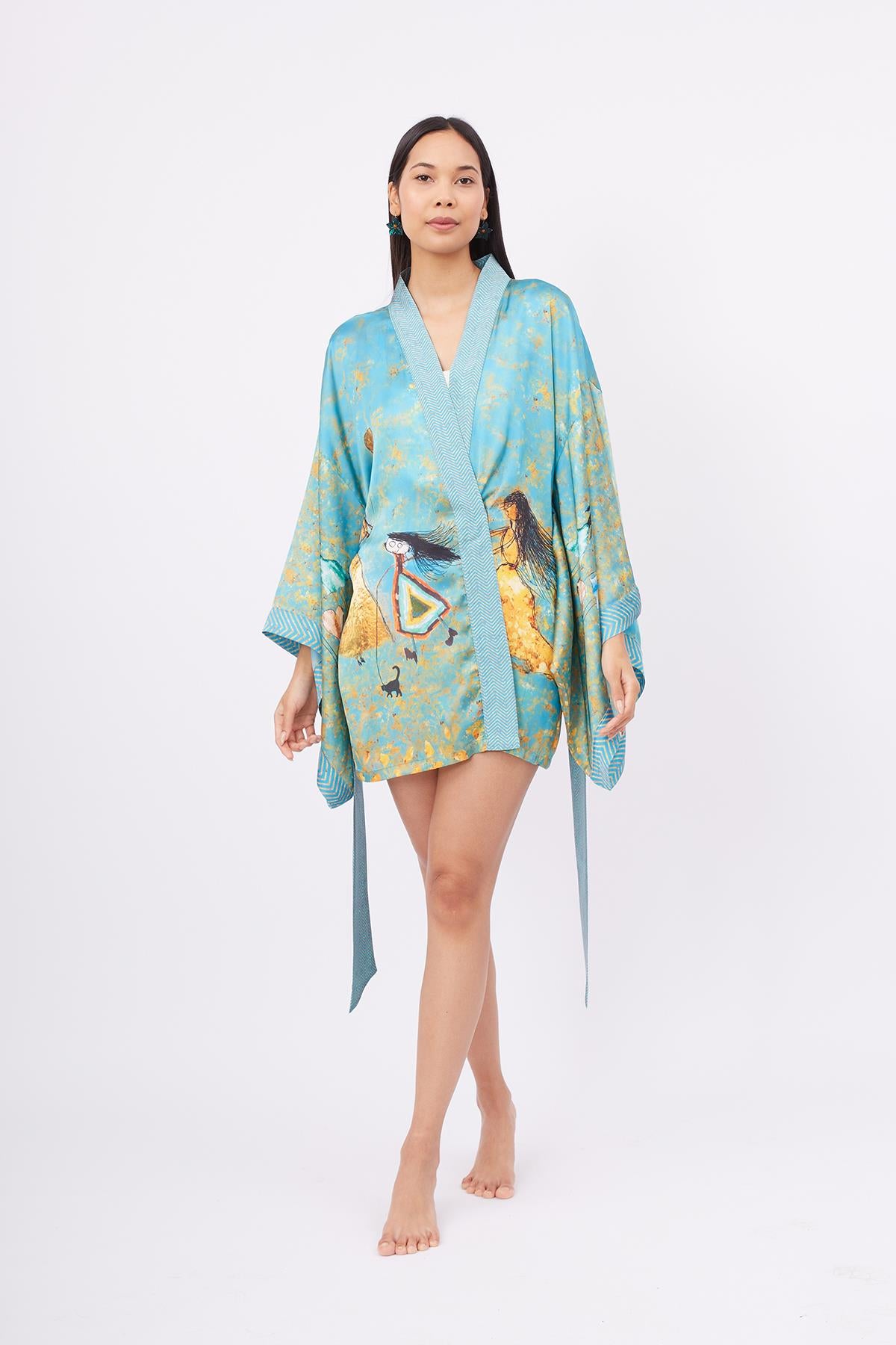 Peraluna-Joy Short Kimono Anne çocuk Baskılı Kısa Saten Kadın Kimono Turkuaz-Kimono-1-fleurdirect.live