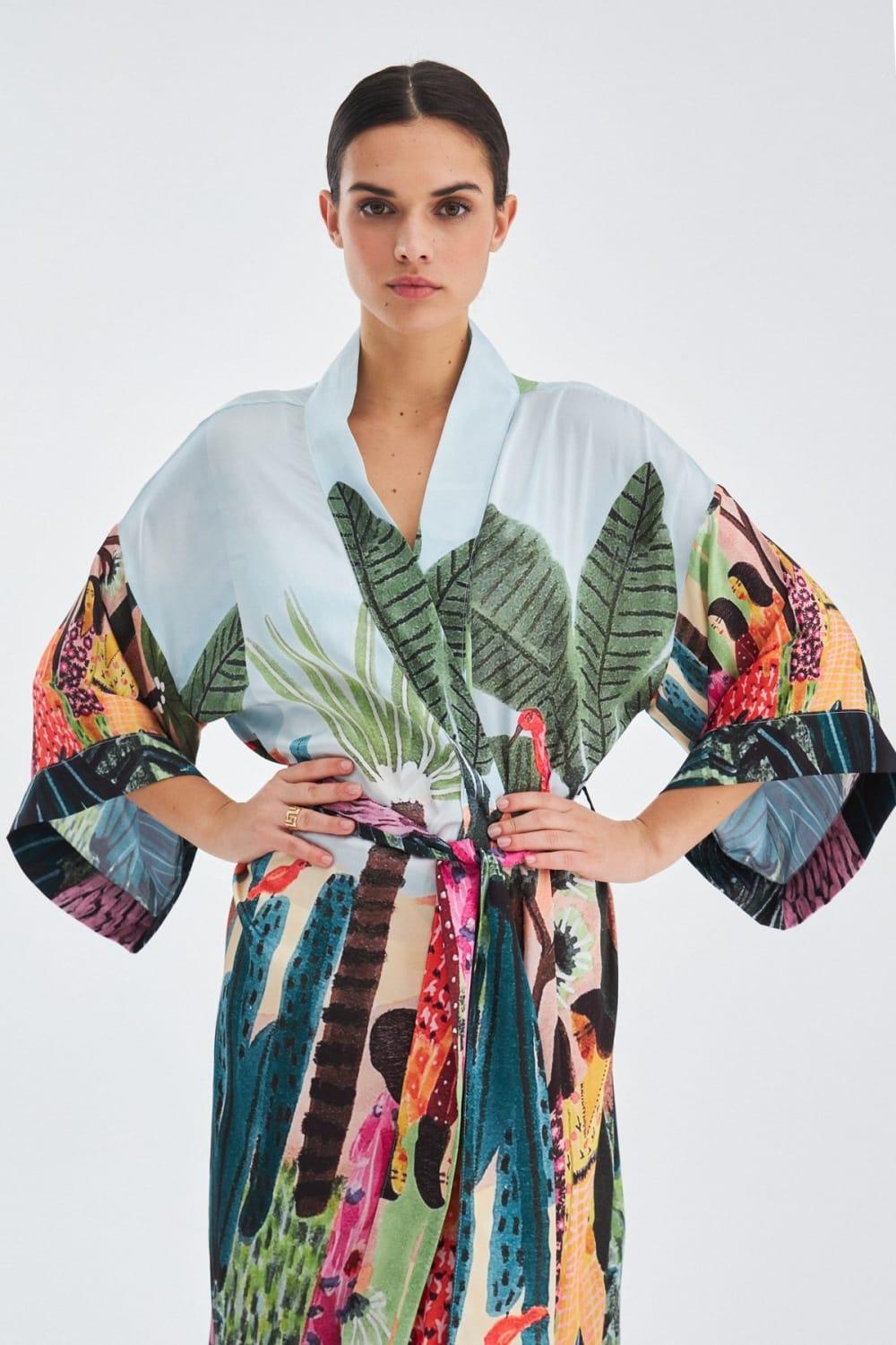 Peraluna-Kauri̇ Tropik Desenli Bilek Hizası Saten Kadın Kimono-Kimono-3-fleurdirect.live