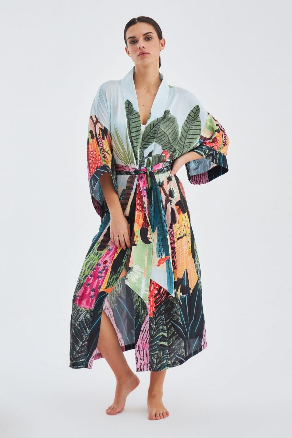 Peraluna-Kauri̇ Tropik Desenli Bilek Hizası Saten Kadın Kimono-Kimono-5-fleurdirect.live