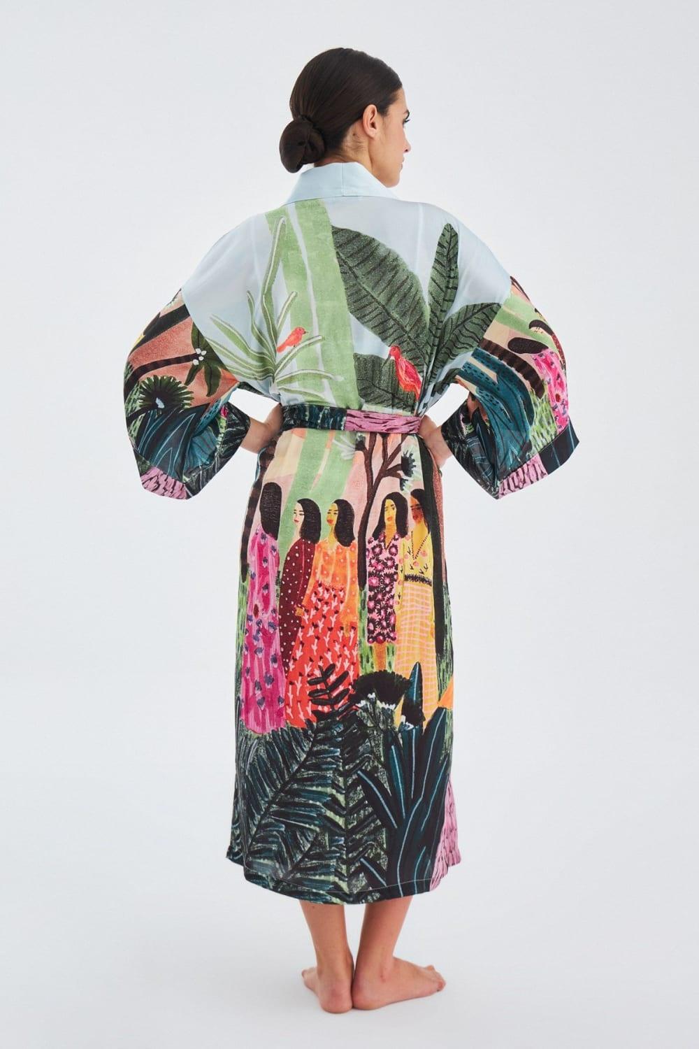 Peraluna-Kauri̇ Tropik Desenli Bilek Hizası Saten Kadın Kimono-Kimono-8-fleurdirect.live