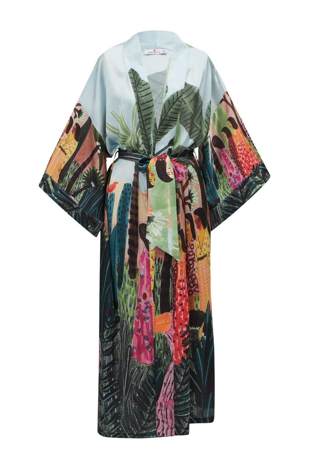Peraluna-Kauri̇ Tropik Desenli Bilek Hizası Saten Kadın Kimono-Kimono-9-fleurdirect.live