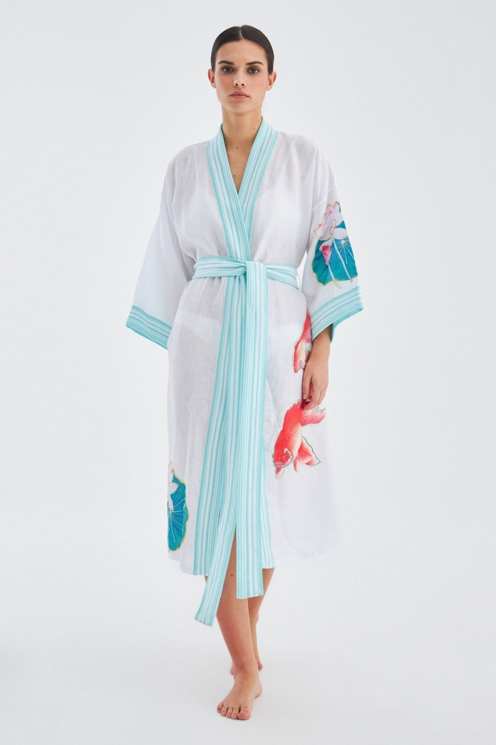 Peraluna-Lotus Balık Aplikeli Keten Karışımlı Diz Altı Kadın Kimono-Kimono-3-fleurdirect.live