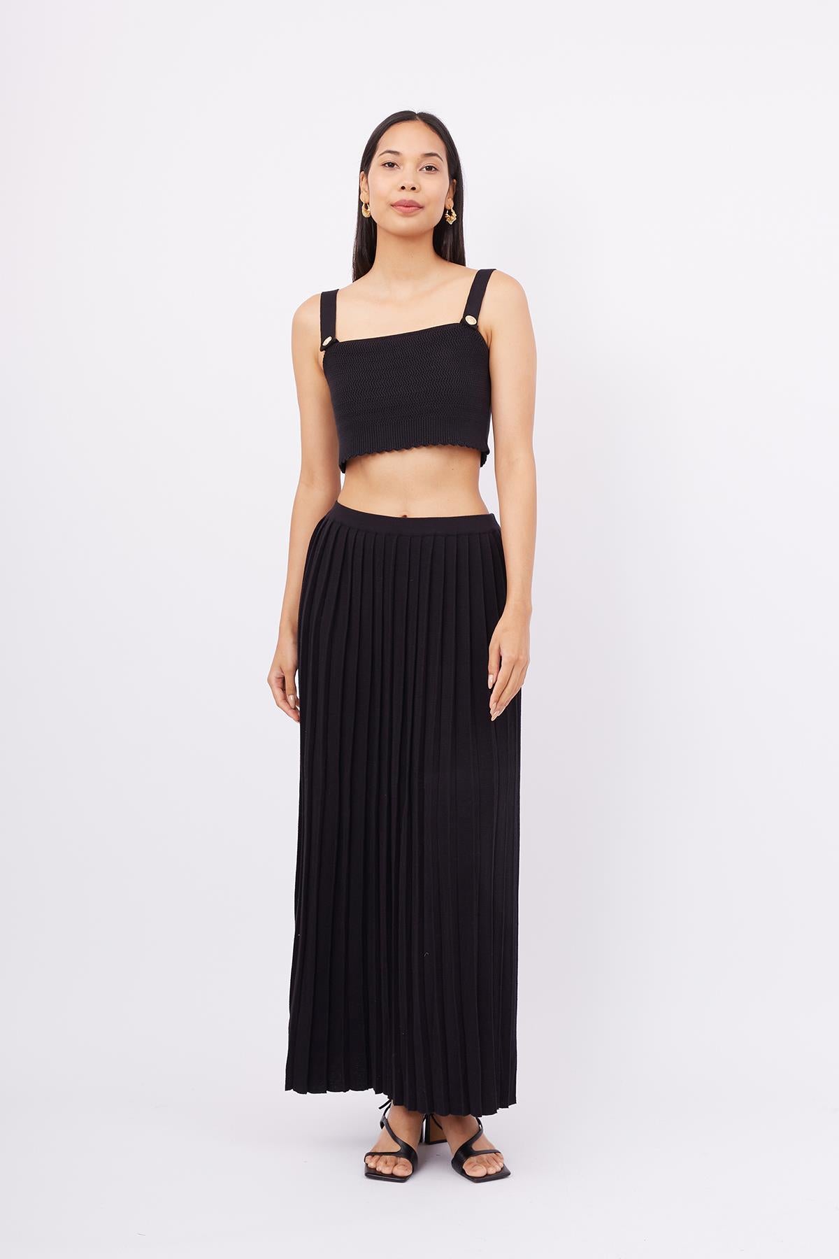 Peraluna-Maxi Skirt Maxi Boy Pileli Kadın Triko Etek Siyah-Etek-1-fleurdirect.live