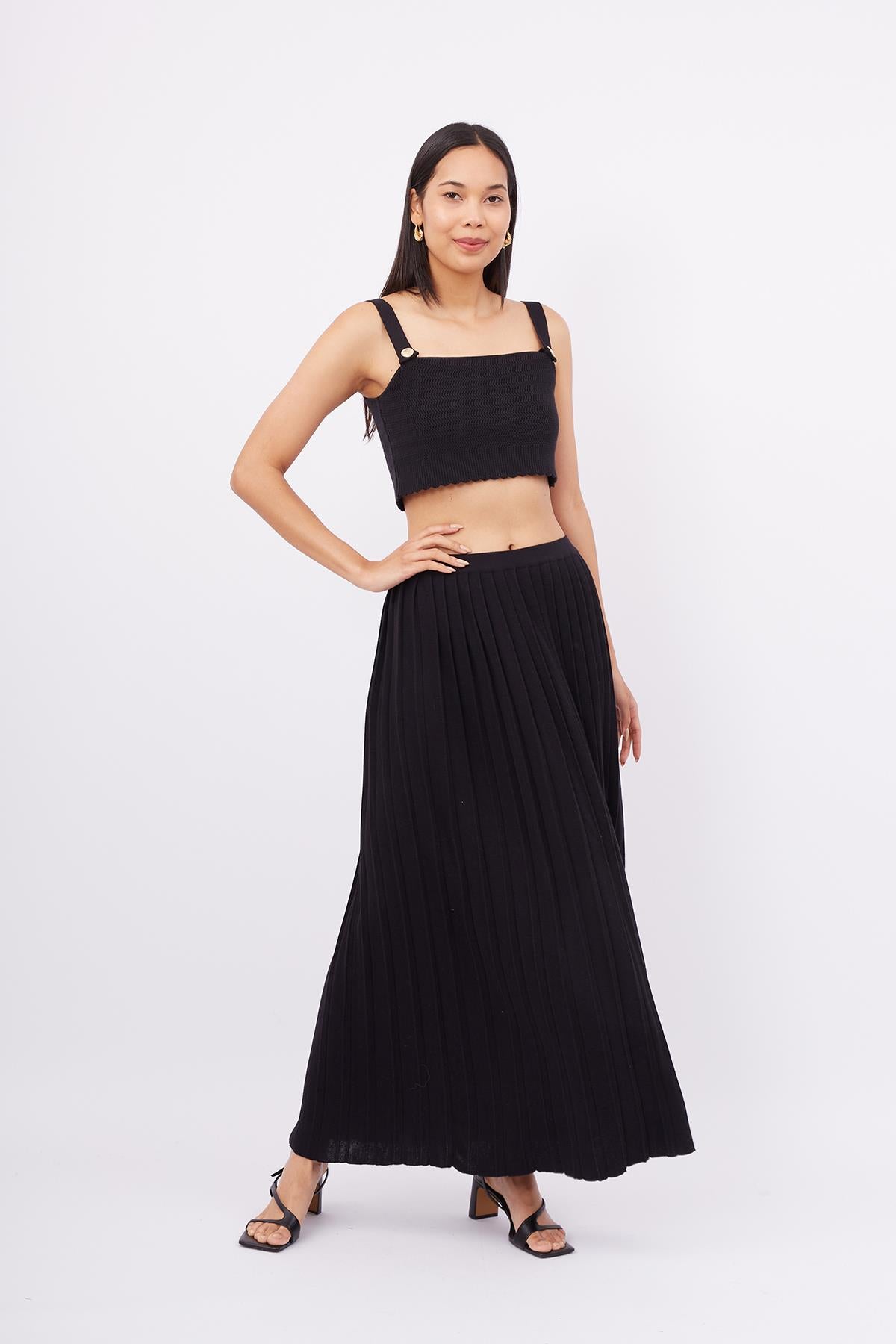 Peraluna-Maxi Skirt Maxi Boy Pileli Kadın Triko Etek Siyah-Etek-7-fleurdirect.live