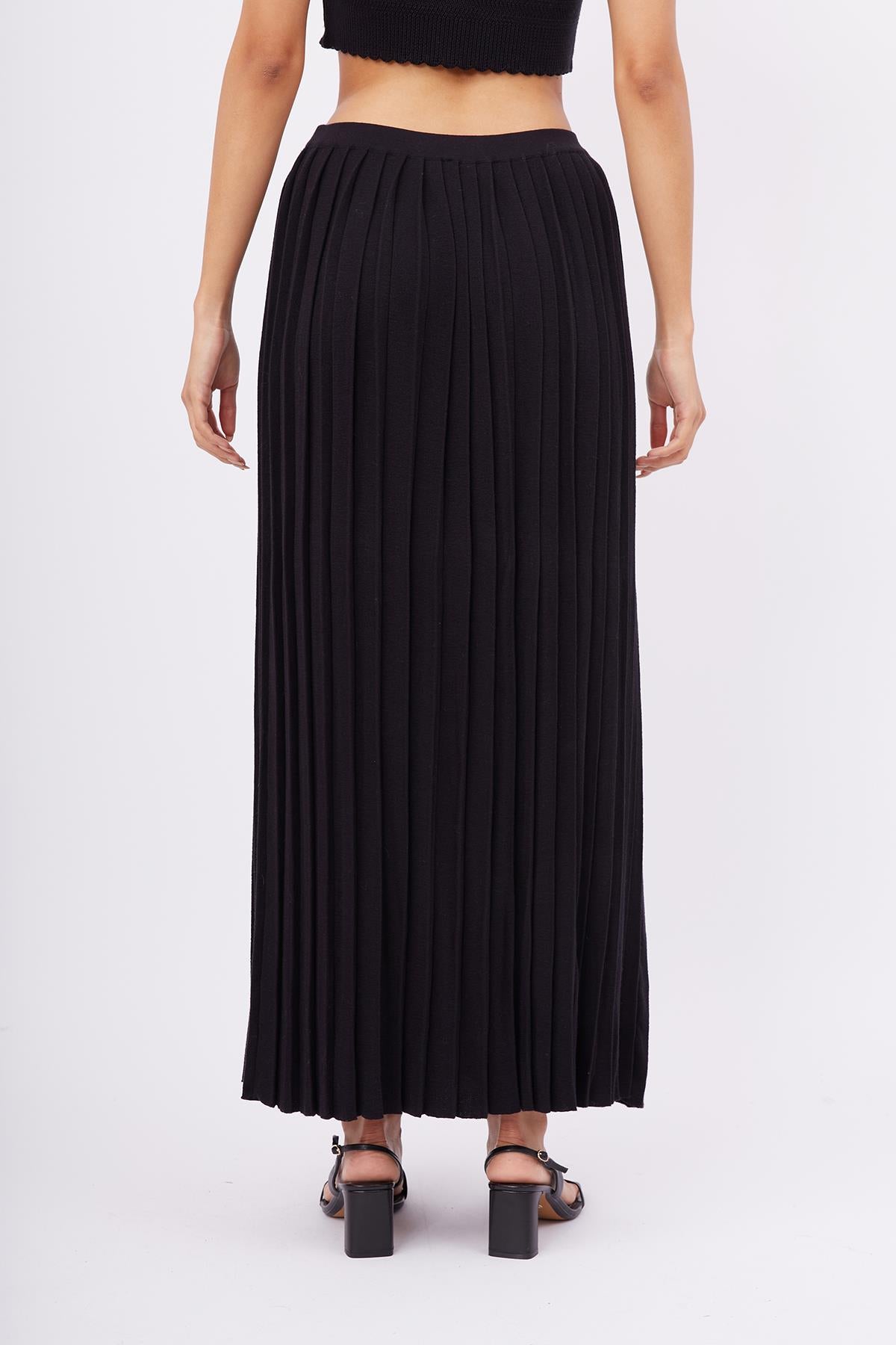 Peraluna-Maxi Skirt Maxi Boy Pileli Kadın Triko Etek Siyah-Etek-8-fleurdirect.live