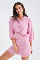 Peraluna-Mujo Cardigan & Shorts %100 Pamuk Kadın Triko Şort Takım-Şort-1-fleurdirect.live