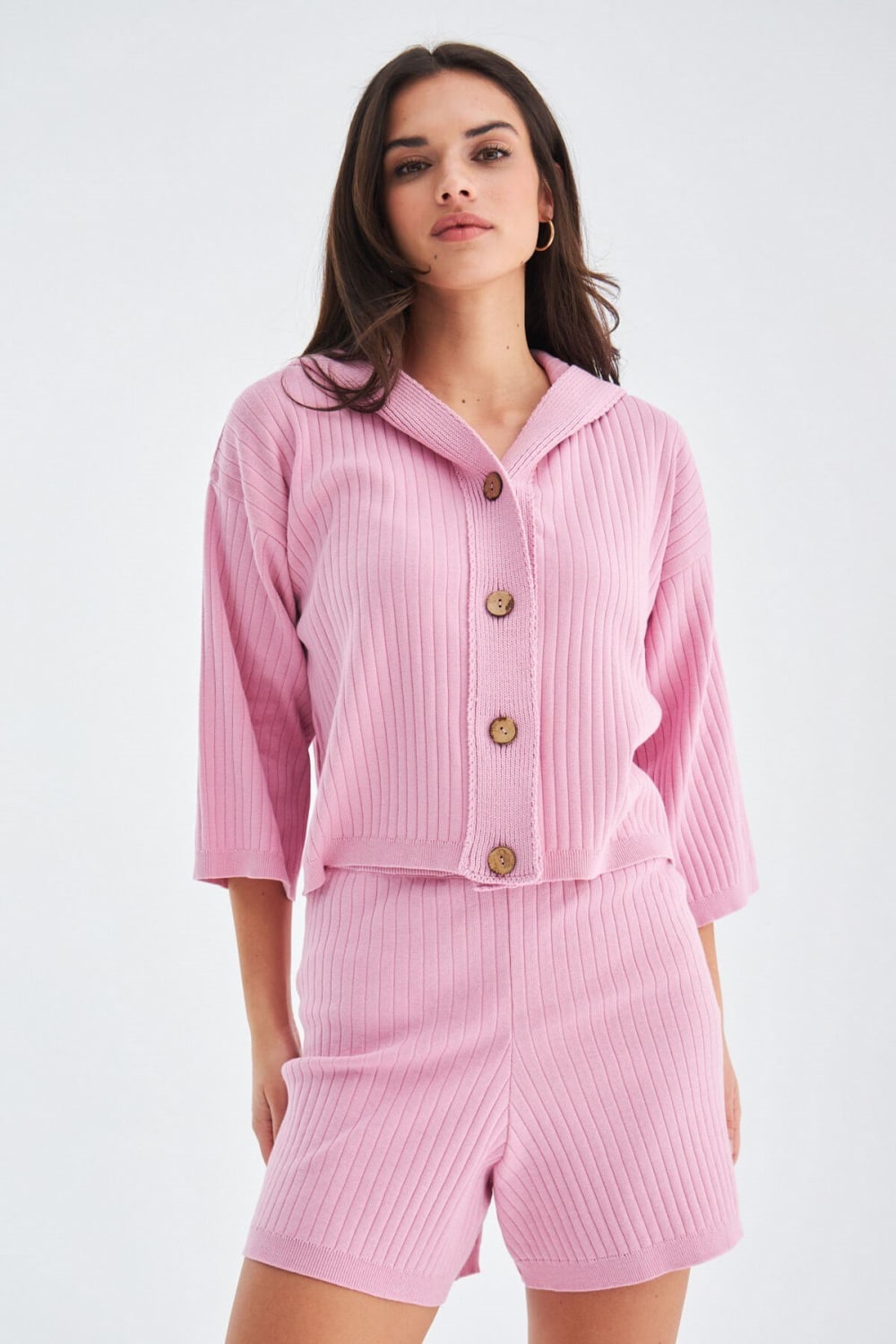 Peraluna-Mujo Cardigan & Shorts %100 Pamuk Kadın Triko Şort Takım-Şort-4-fleurdirect.live