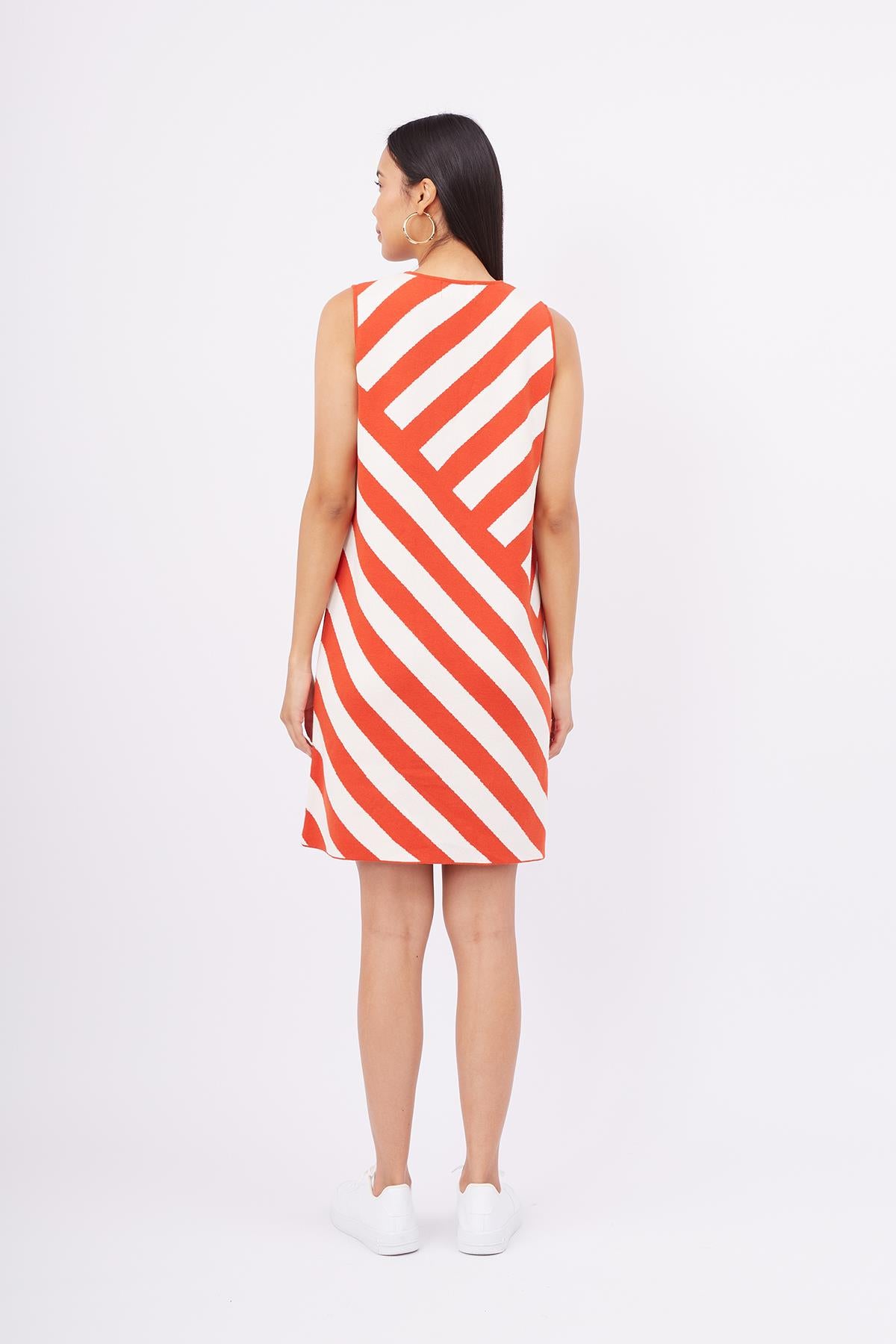 Peraluna-Paula Dress Diagonal Çizgili A Form Kolsuz İnce Kadın Triko Elbise Kırmızı/Beyaz-Elbise-7-fleurdirect.live