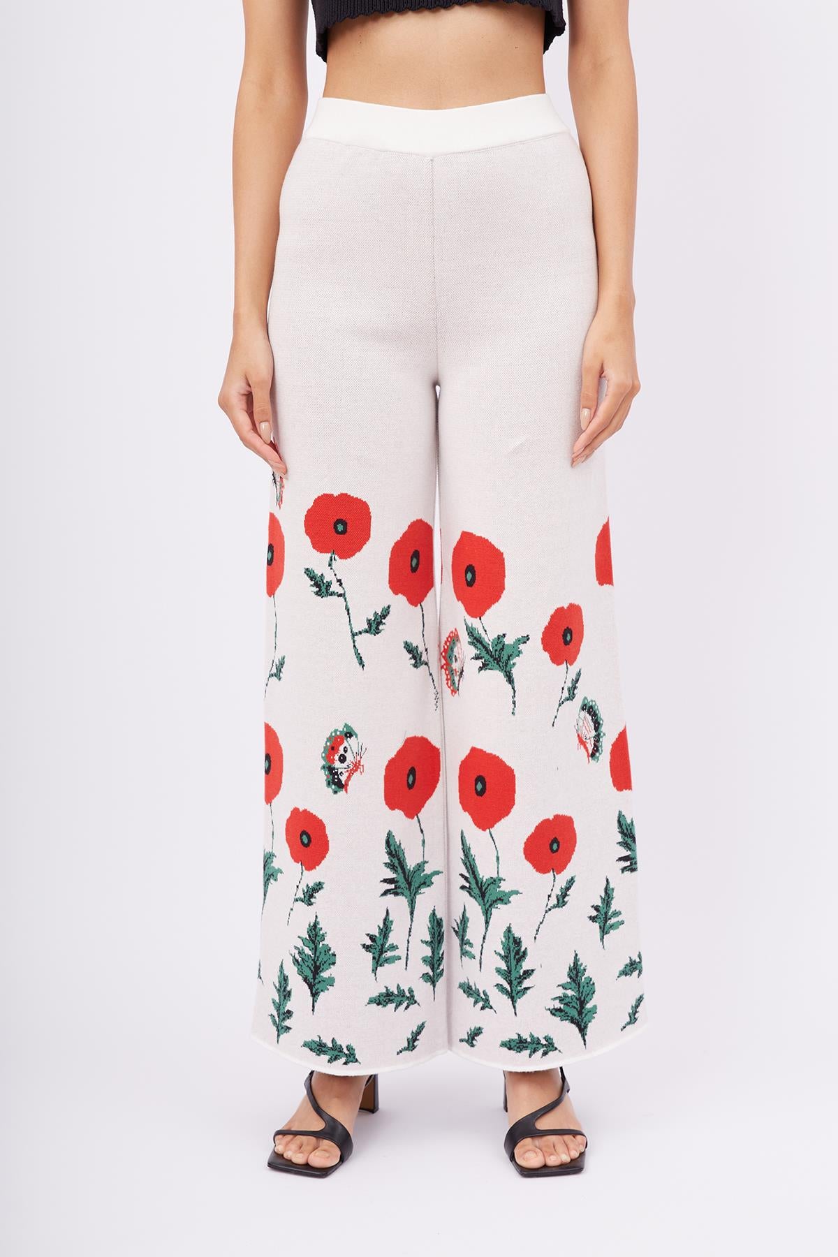 Peraluna-Poppy Trouser Gelincik Desen Yüksek Bel Rahat Kesim Beli Lastikli Kadın Triko Pantolon Ekru-Pantolon-2-fleurdirect.live