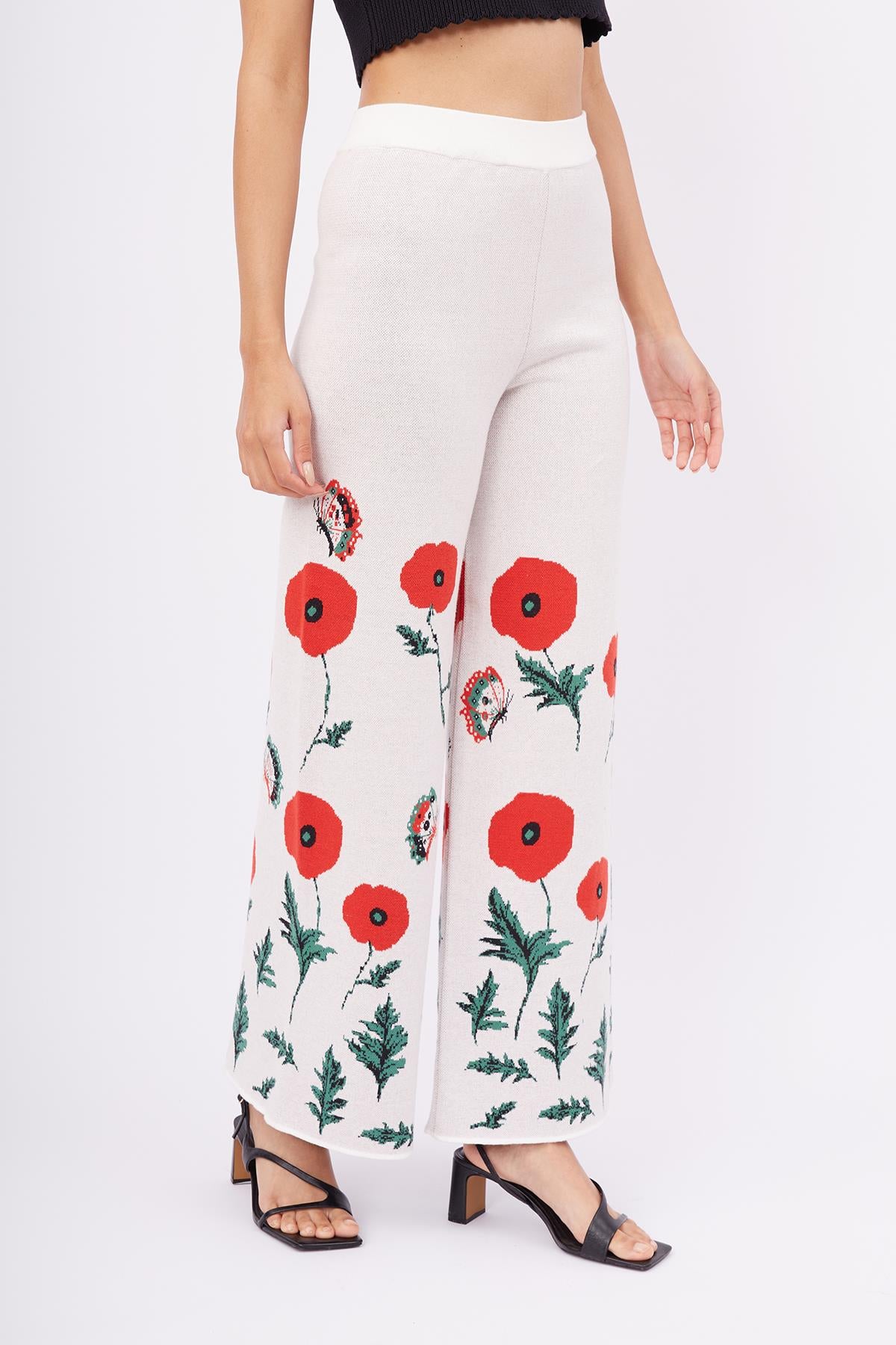 Peraluna-Poppy Trouser Gelincik Desen Yüksek Bel Rahat Kesim Beli Lastikli Kadın Triko Pantolon Ekru-Pantolon-4-fleurdirect.live