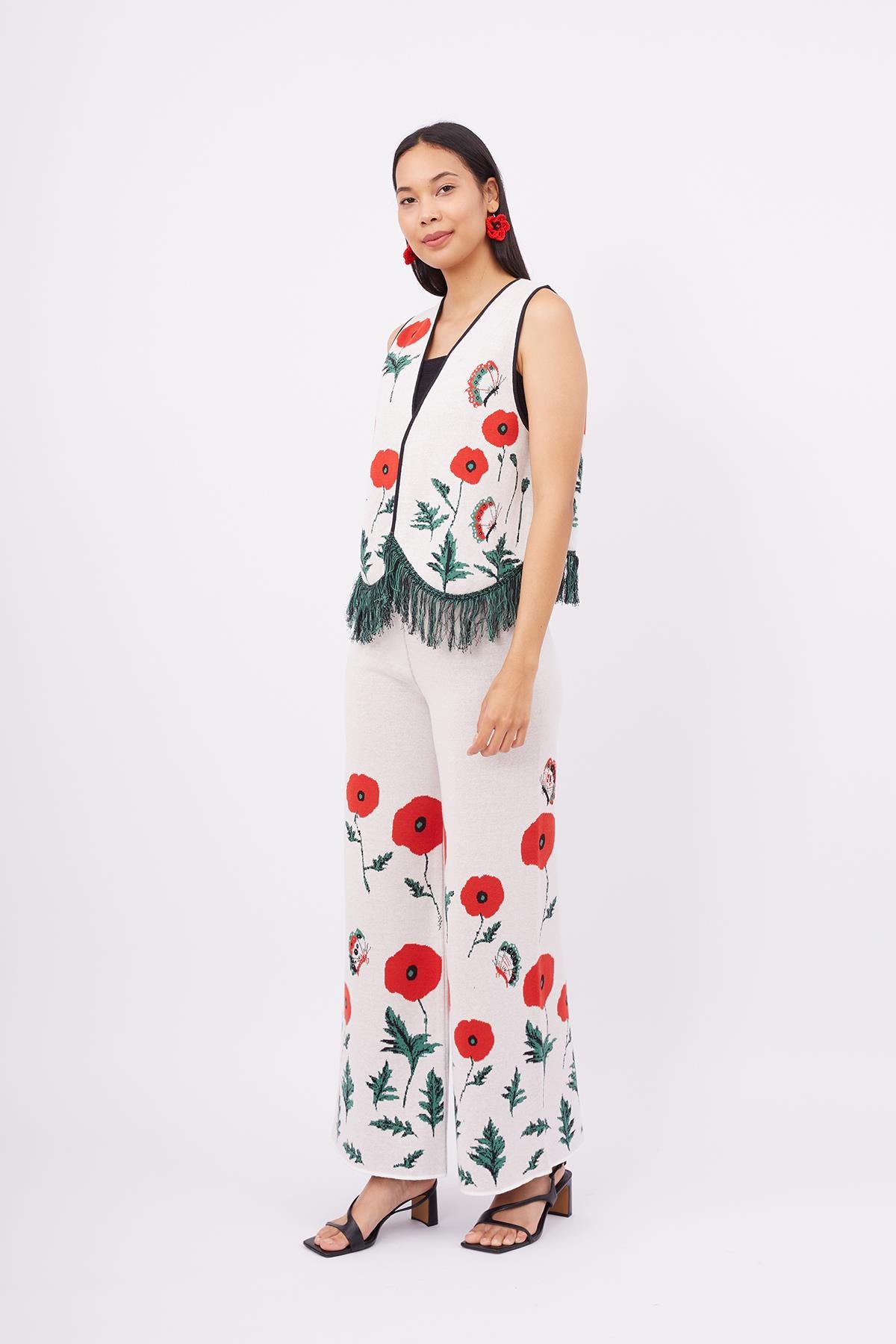 Peraluna-Poppy Trouser Gelincik Desen Yüksek Bel Rahat Kesim Beli Lastikli Kadın Triko Pantolon Ekru-Pantolon-5-fleurdirect.live