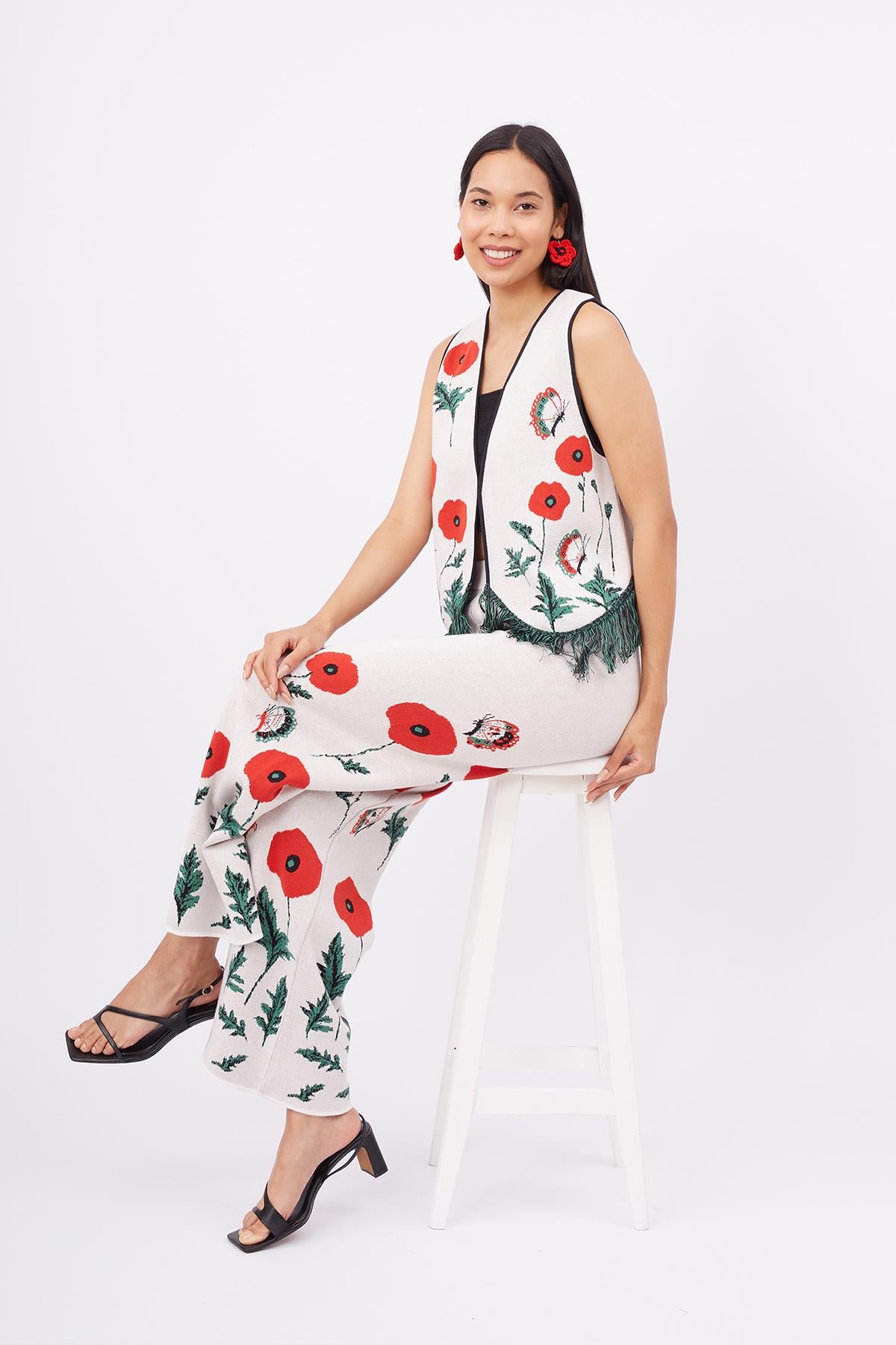 Peraluna-Poppy Trouser Gelincik Desen Yüksek Bel Rahat Kesim Beli Lastikli Kadın Triko Pantolon Ekru-Pantolon-6-fleurdirect.live