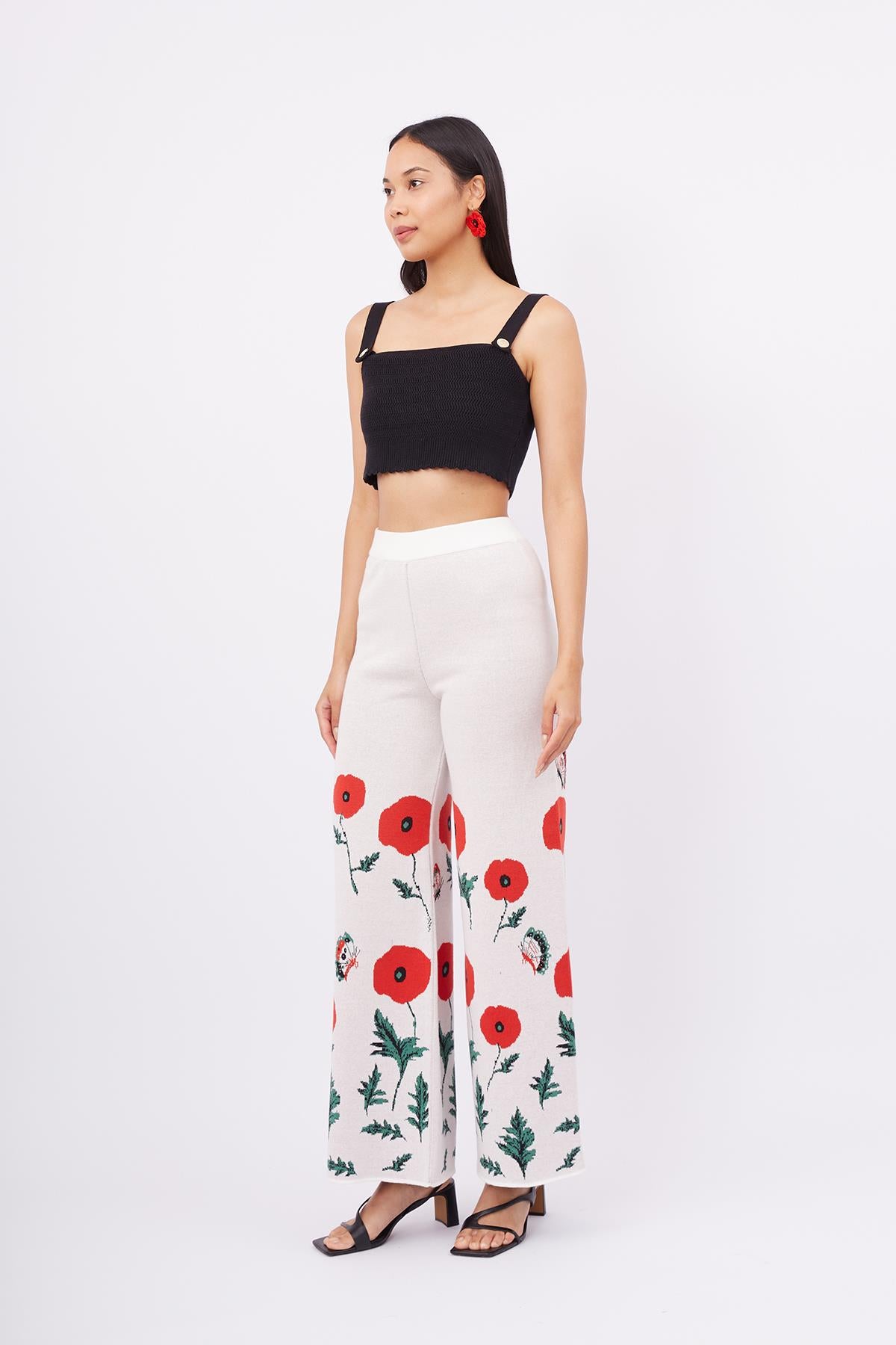 Peraluna-Poppy Trouser Gelincik Desen Yüksek Bel Rahat Kesim Beli Lastikli Kadın Triko Pantolon Ekru-Pantolon-7-fleurdirect.live